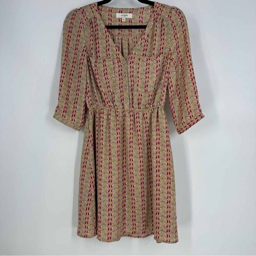 UMGEE Women’s Tan Bird Novelty Print Shirtdress Sz S